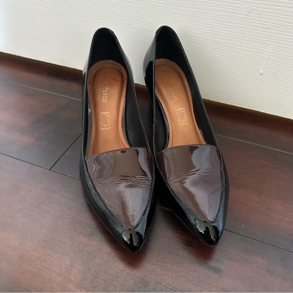 Size 8 Capelli Rossi Patent Leather Black and Burgundy Thick Chunky Heel Pump - Picture 2 of 10